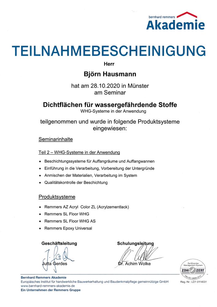 Zertifikate  Fugentechnik Hausmann